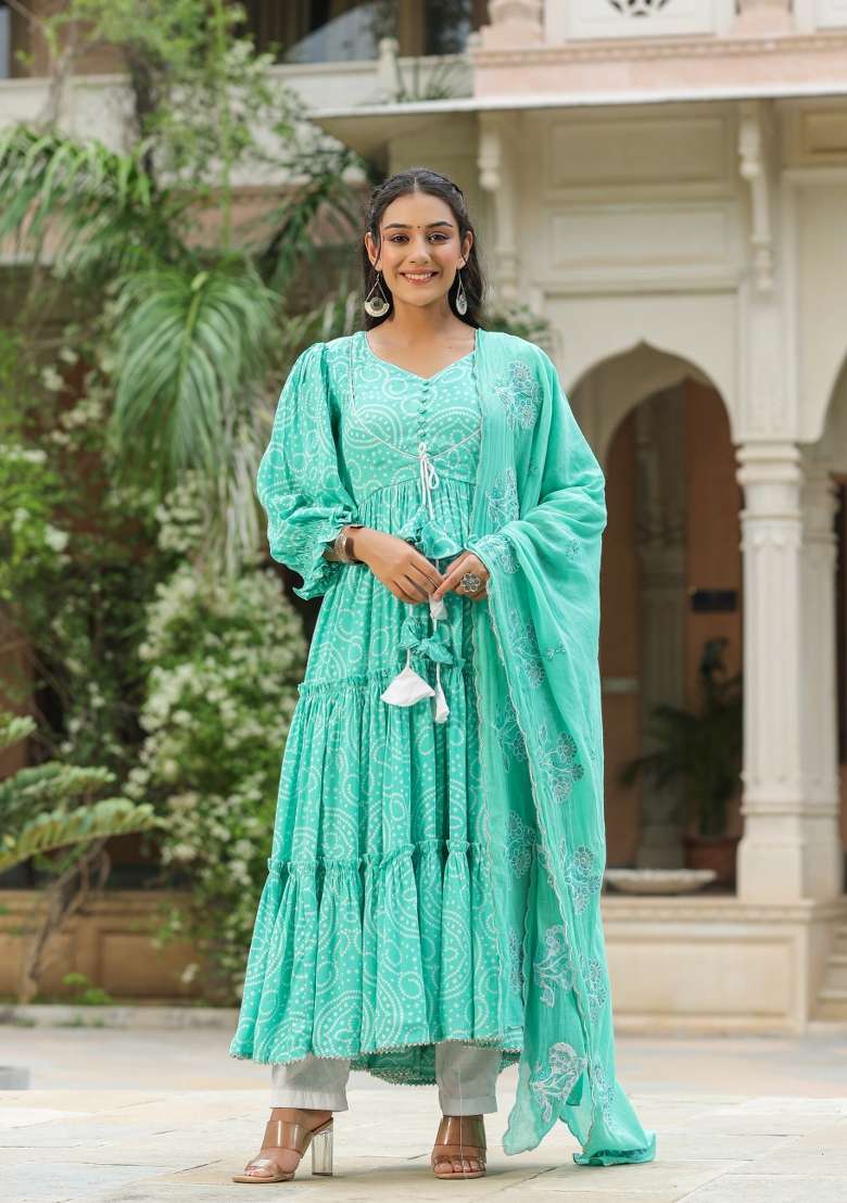 Blue Printed Cotton Anarkali Set - Indya