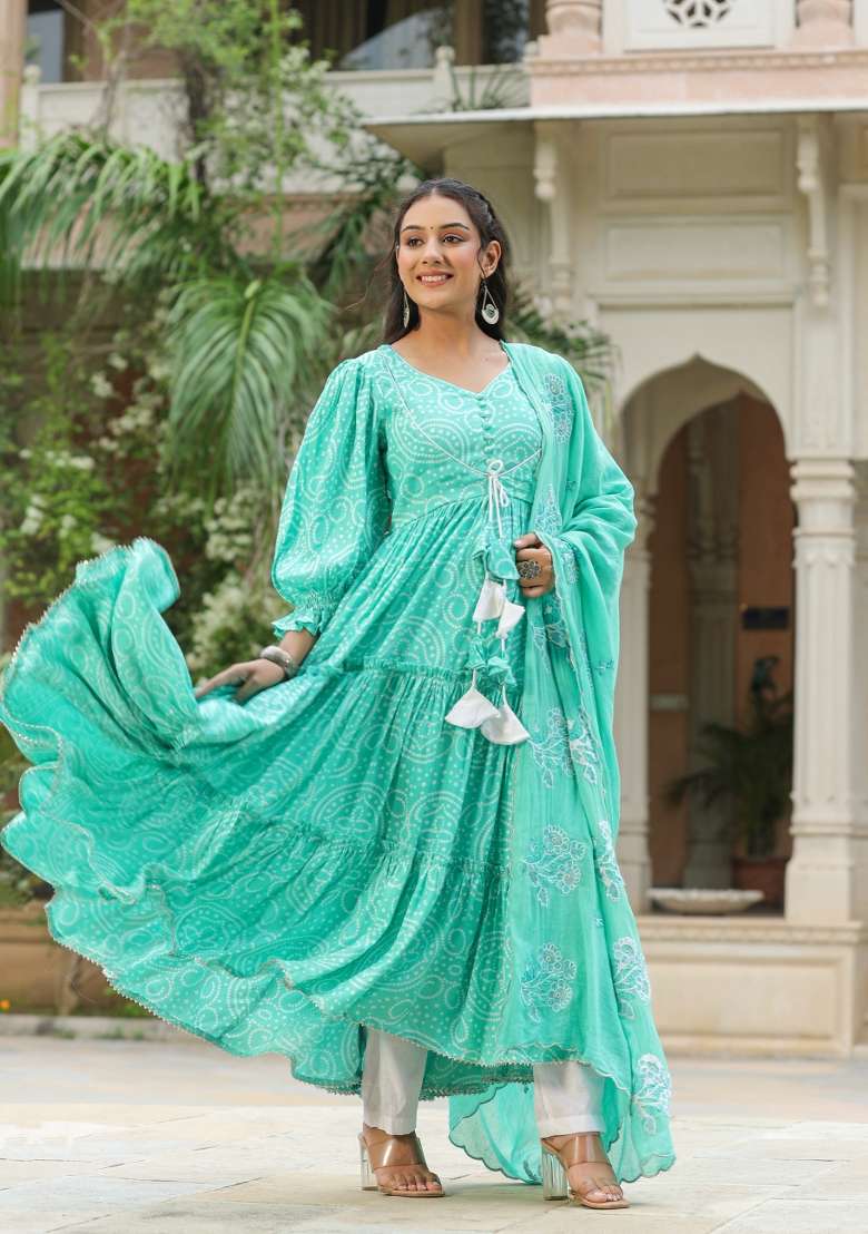 Blue Printed Cotton Anarkali Set - Indya
