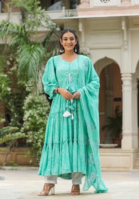 Blue Embroidered Cotton Blend Salwar Kameez With Dupatta