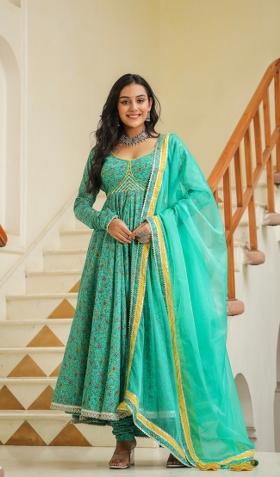 Blue Embroidered Cotton Blend Salwar Kameez With Dupatta