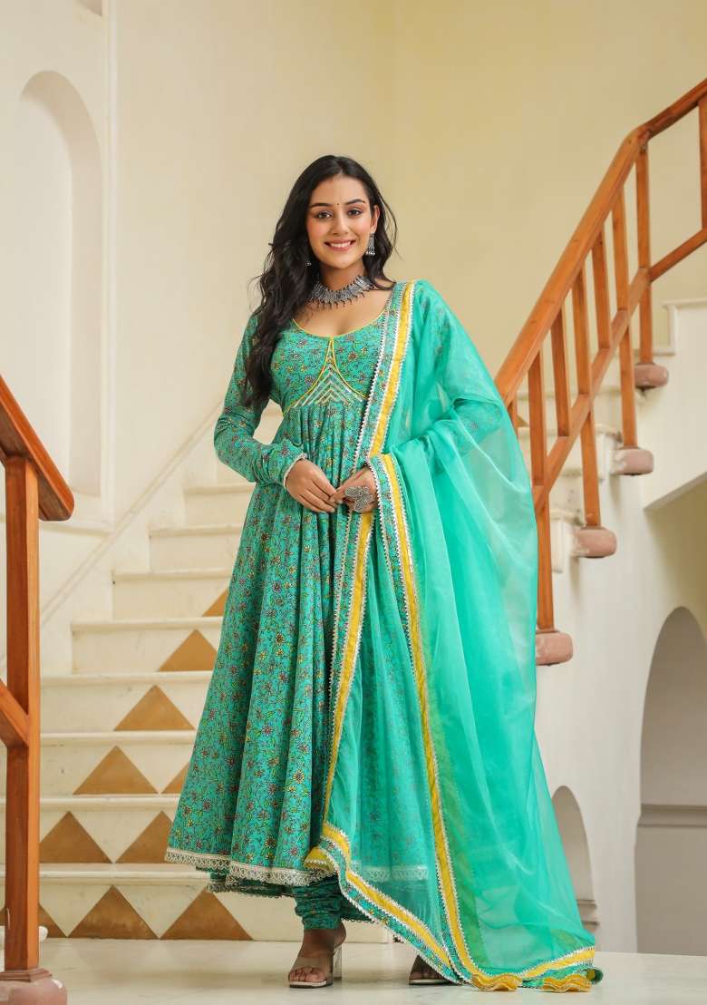 Blue Printed Cotton Anarkali Set - Indya