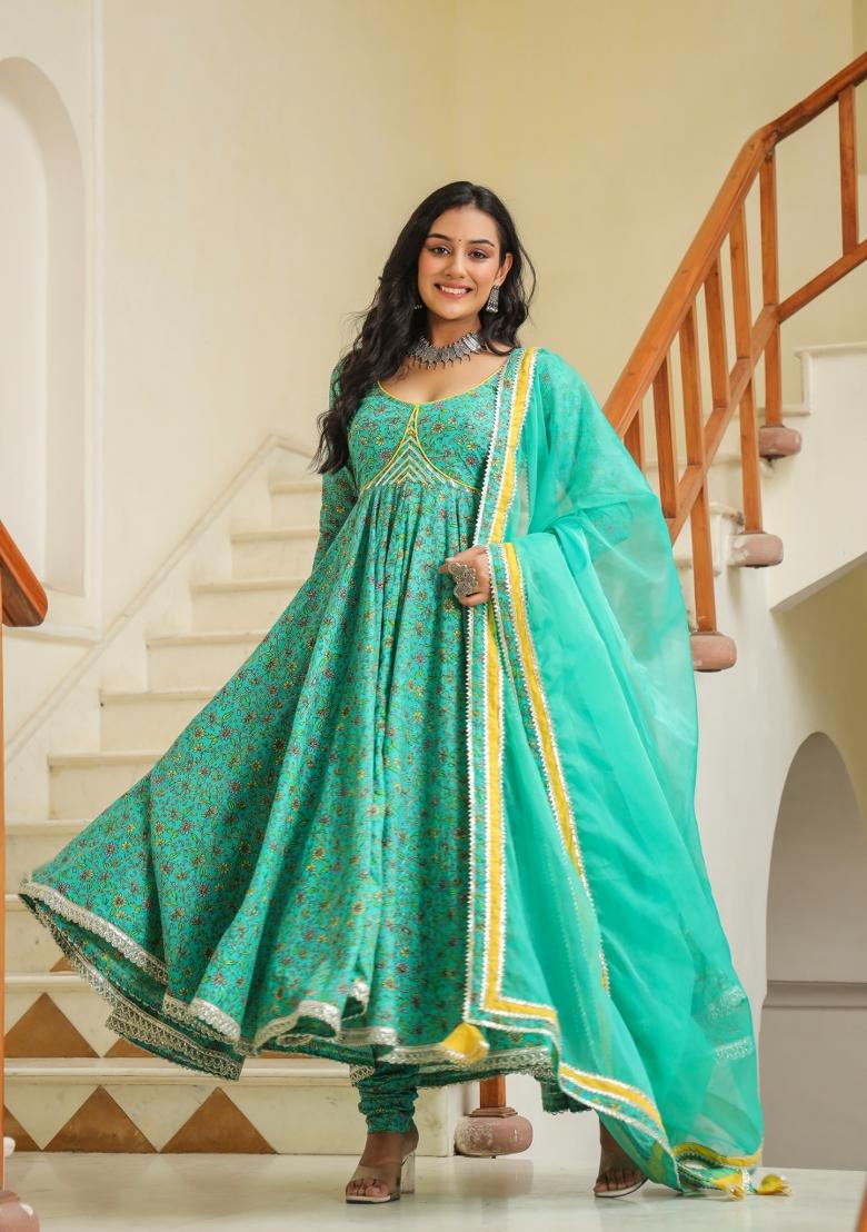 Blue Embroidered Cotton Blend Salwar Kameez With Dupatta