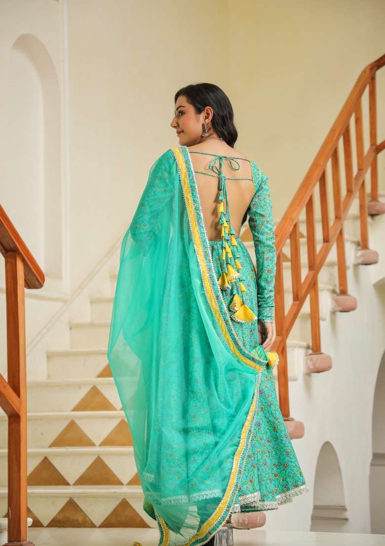 Blue Printed Cotton Anarkali Set - Indya