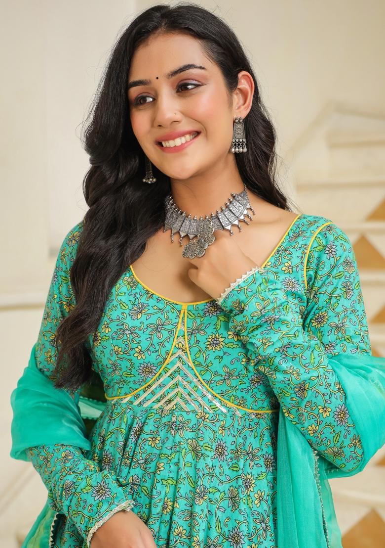 Blue Embroidered Cotton Blend Salwar Kameez With Dupatta