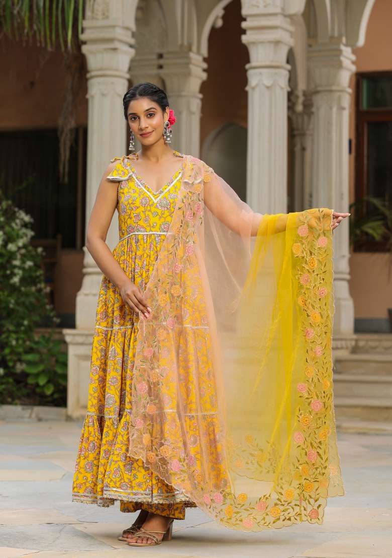 Yellow Embroidered Cotton Anarkali Set - Indya