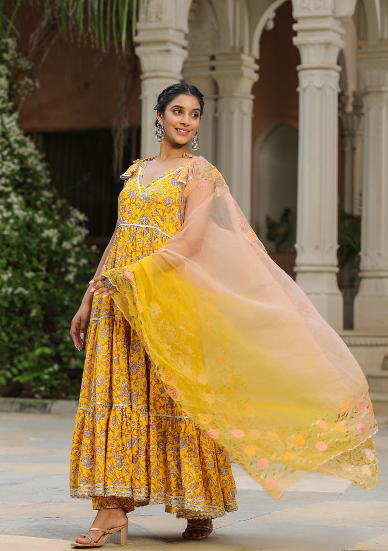 Yellow Embroidered Cotton Blend Salwar Kameez With Dupatta