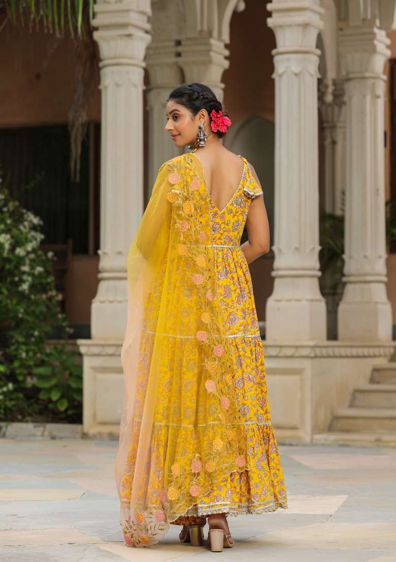 Yellow Embroidered Cotton Anarkali Set - Indya