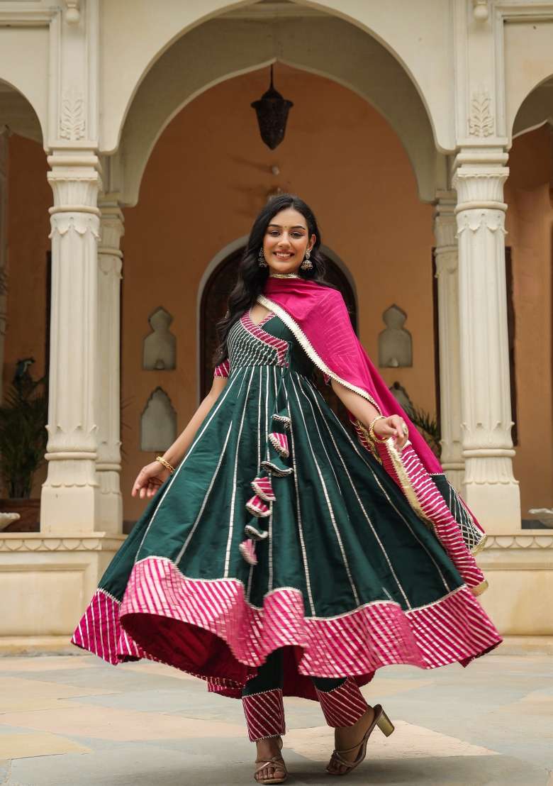 Green Printed Cotton Anarkali Set - Indya