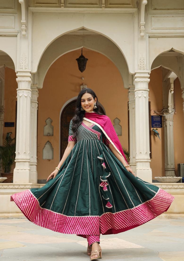 Green Embroidered Cotton Blend Salwar Kameez With Dupatta