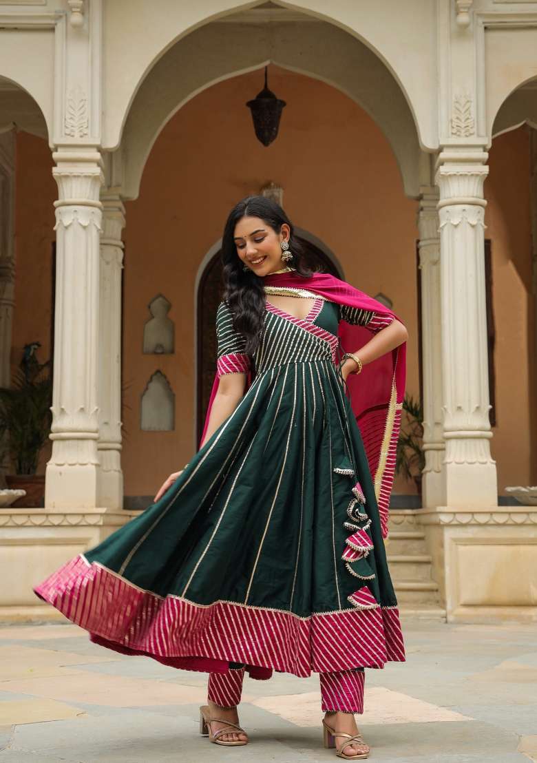 Green Printed Cotton Anarkali Set - Indya