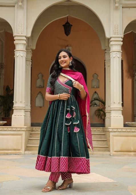 Green Embroidered Cotton Blend Salwar Kameez With Dupatta