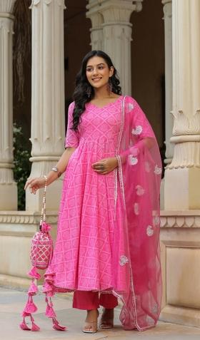 Pink Embroidered Cotton Blend Salwar Kameez With Dupatta