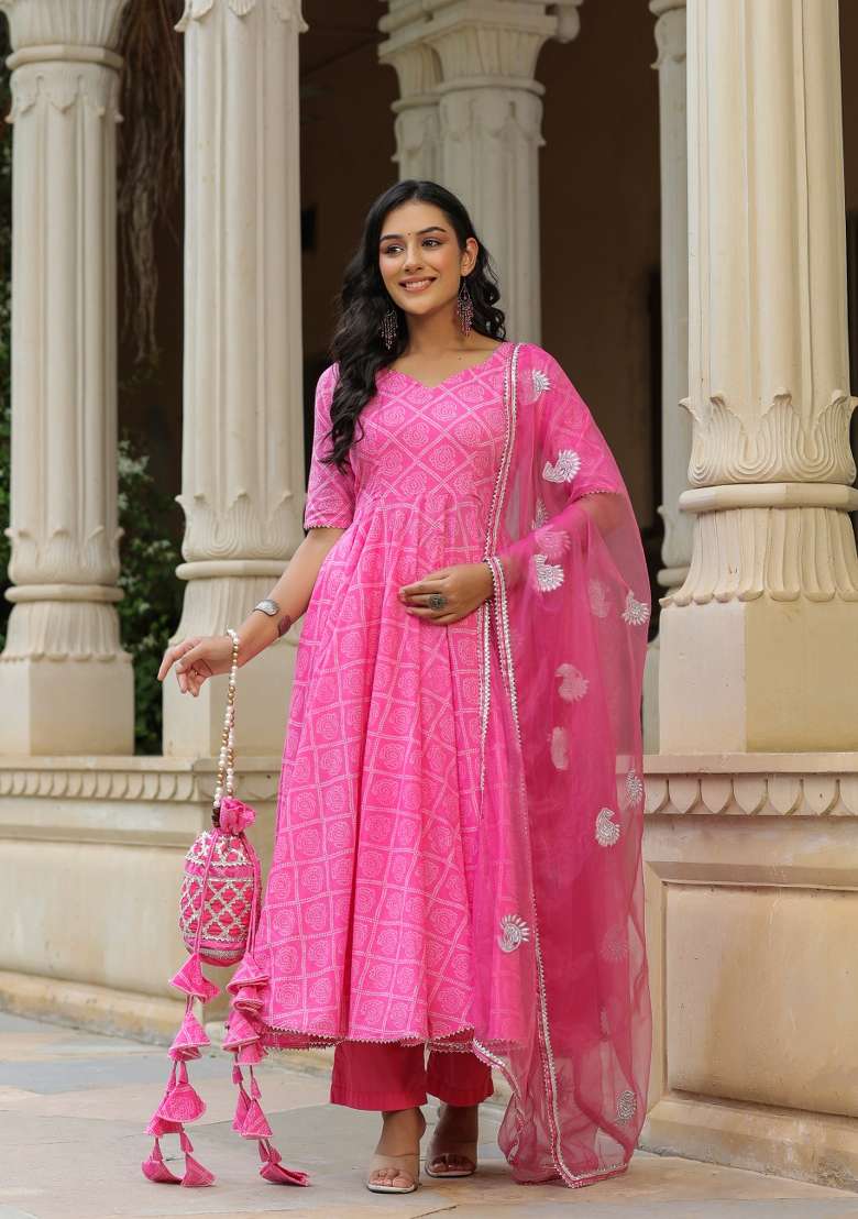 Pink Printed Cotton Anarkali Set - Indya