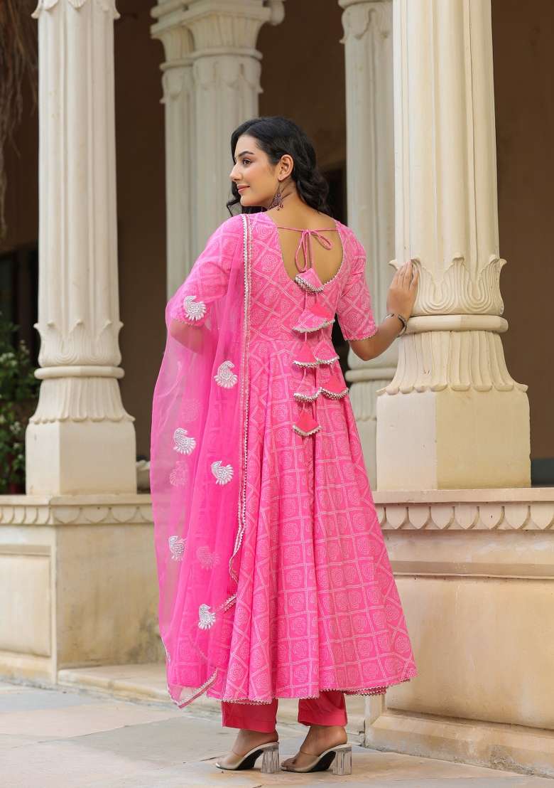 Pink Printed Cotton Anarkali Set - Indya