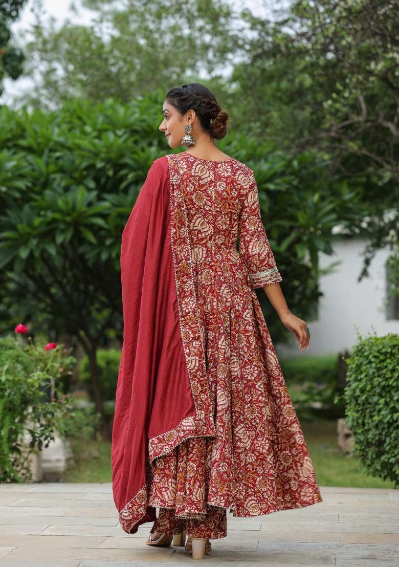 Red Printed Cotton Anarkali Set - Indya
