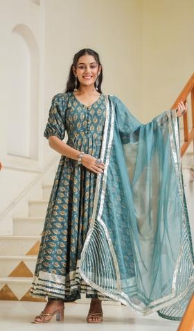 Blue Embroidered Cotton Blend Salwar Kameez With Dupatta