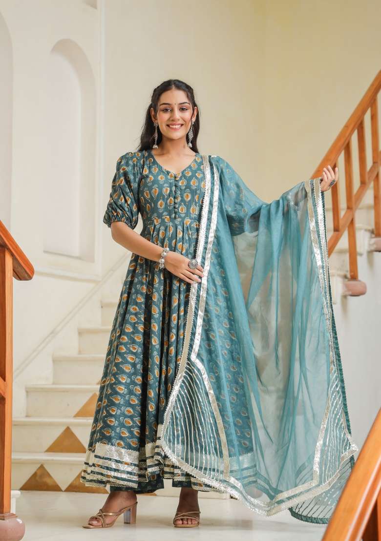 Blue Printed Cotton Anarkali Set - Indya