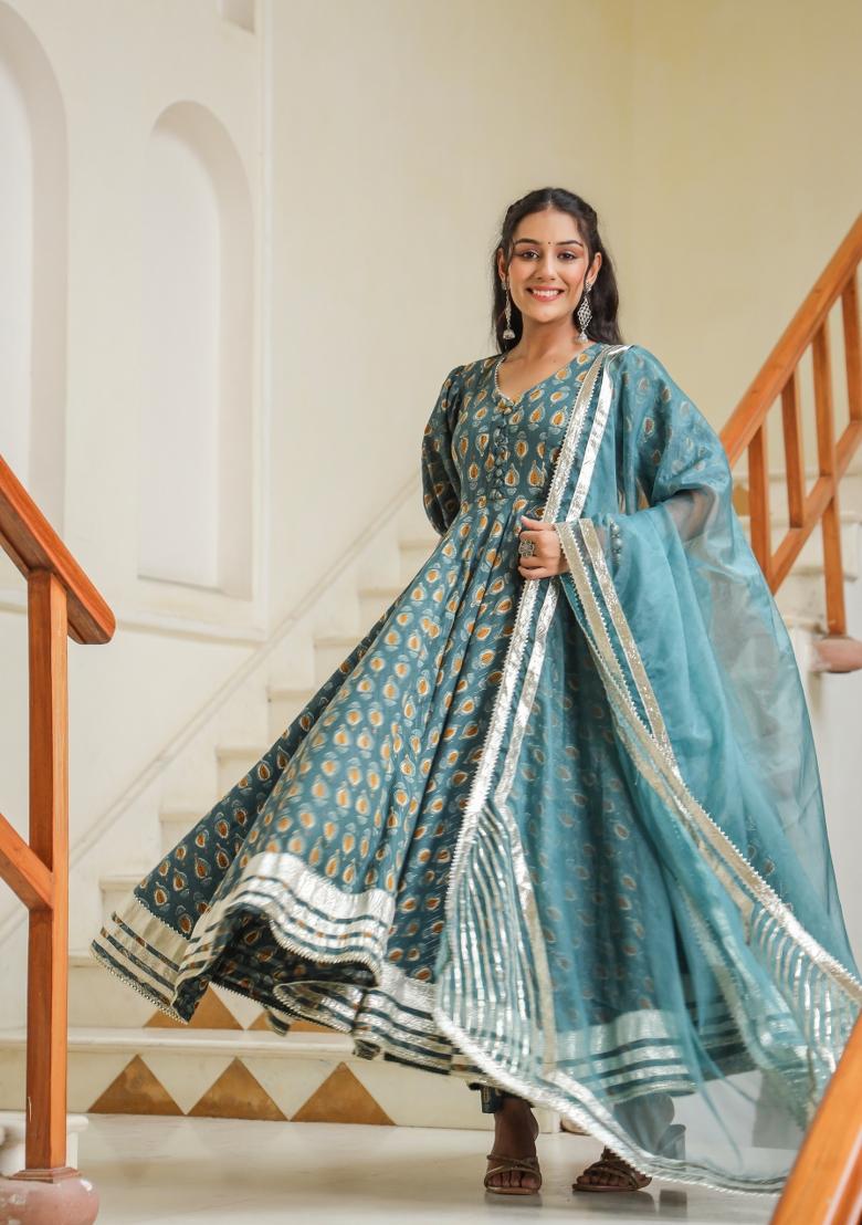 Blue Embroidered Cotton Blend Salwar Kameez With Dupatta