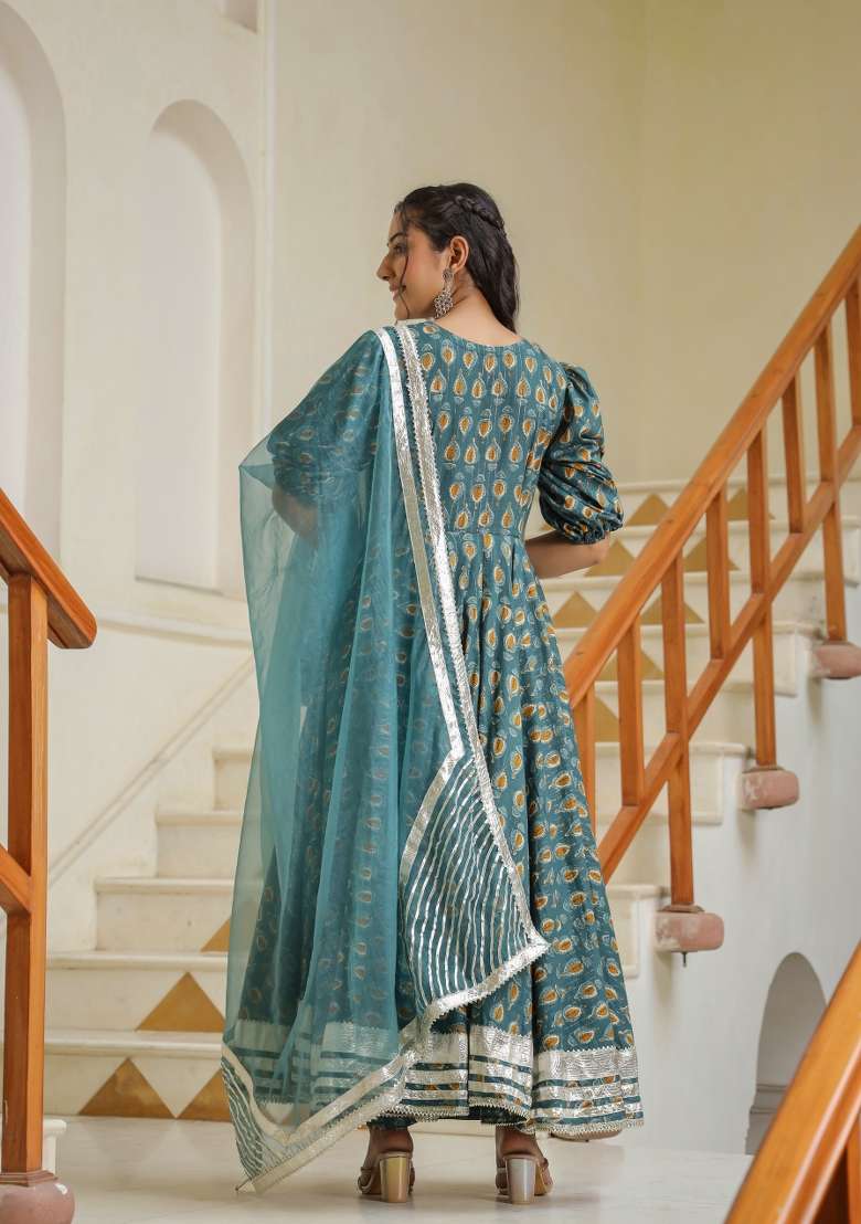 Blue Printed Cotton Anarkali Set - Indya