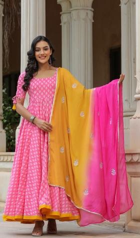 Pink Embroidered Cotton Blend Salwar Kameez With Dupatta