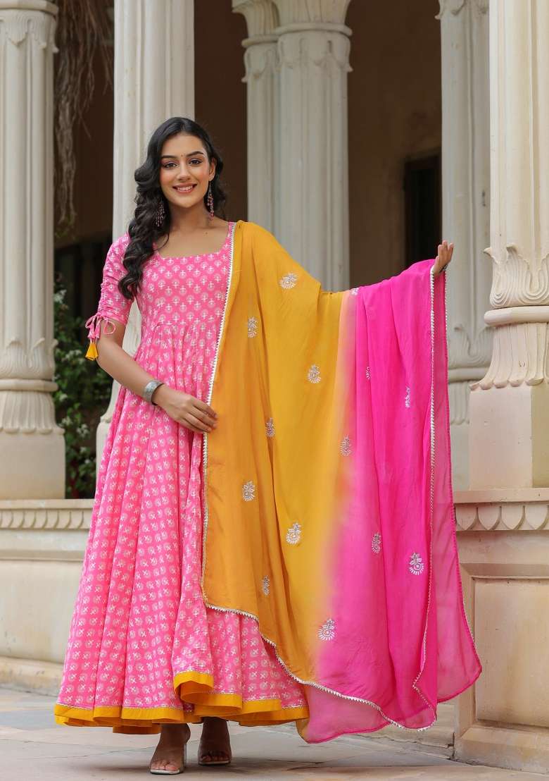 Pink Printed Cotton Anarkali Set - Indya