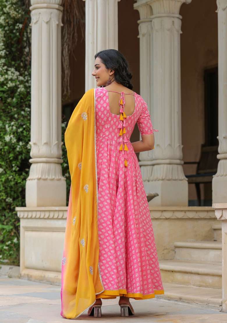 Pink Printed Cotton Anarkali Set - Indya