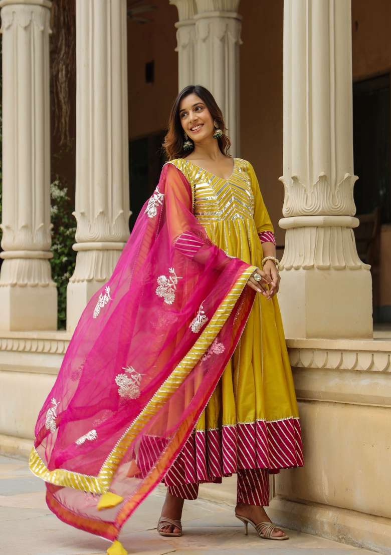 Yellow Embroidered Cotton Anarkali Set - Indya