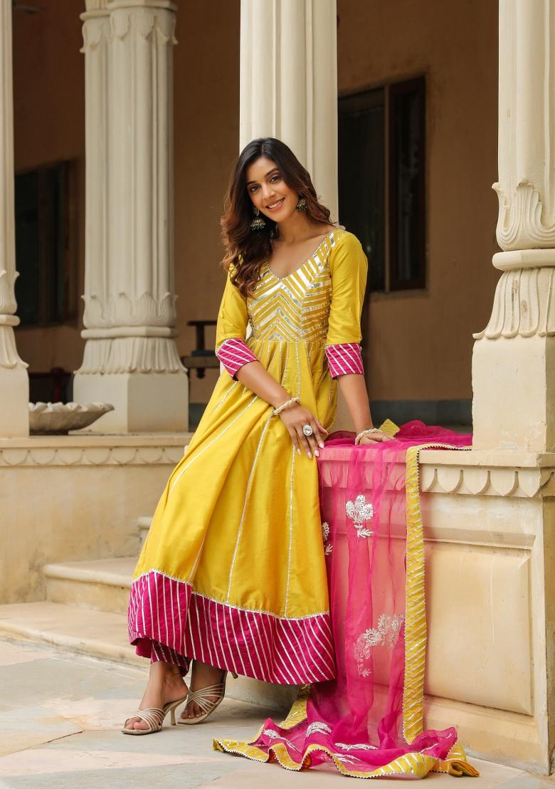 Yellow Embroidered Cotton Blend Salwar Kameez With Dupatta