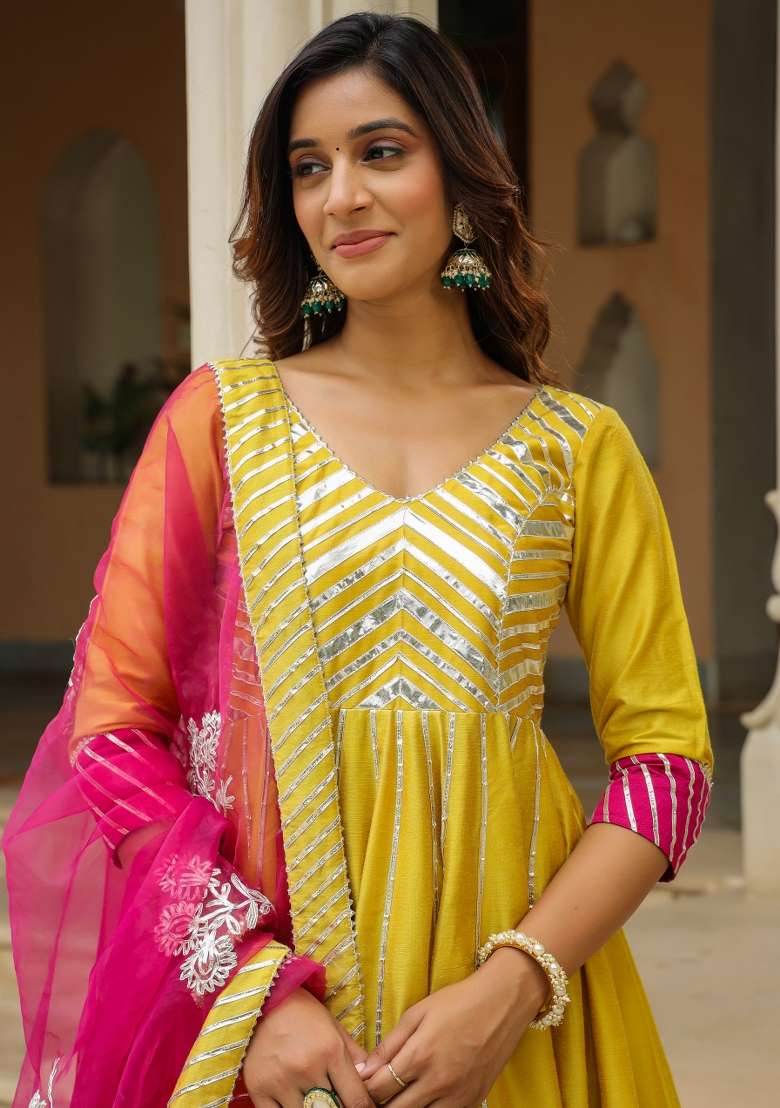 Yellow Embroidered Cotton Anarkali Set - Indya