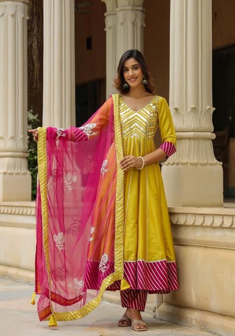 Yellow Embroidered Cotton Blend Salwar Kameez With Dupatta