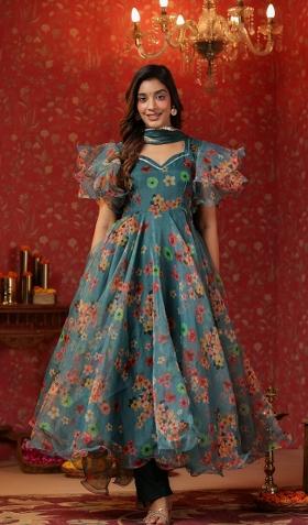 Green Embroidered Cotton Blend Salwar Kameez With Dupatta