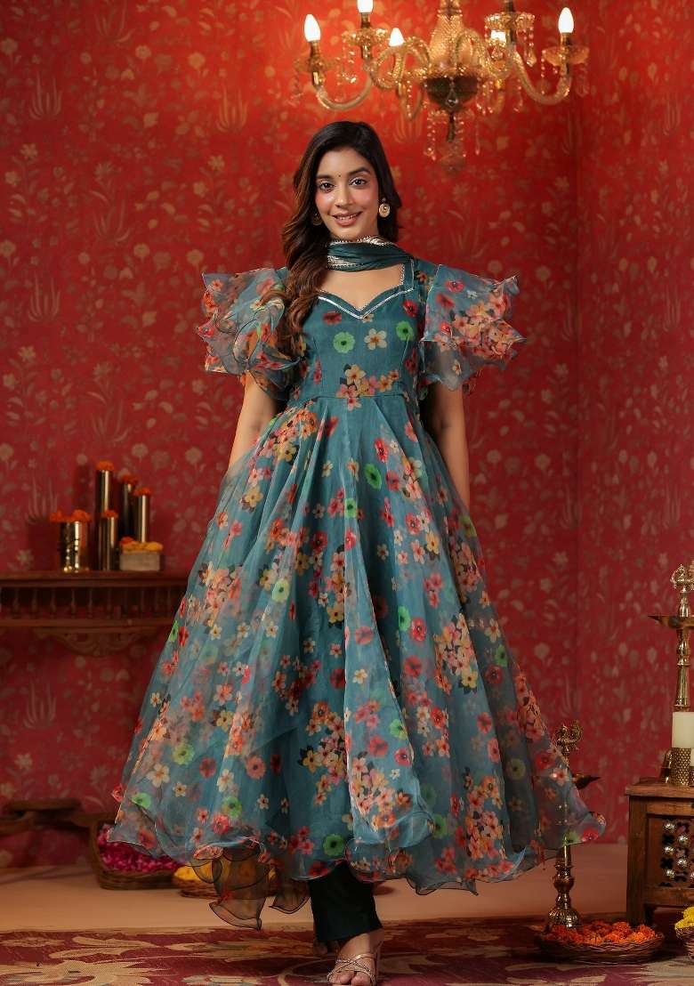Green Floral Print Cotton Anarkali Set - Indya