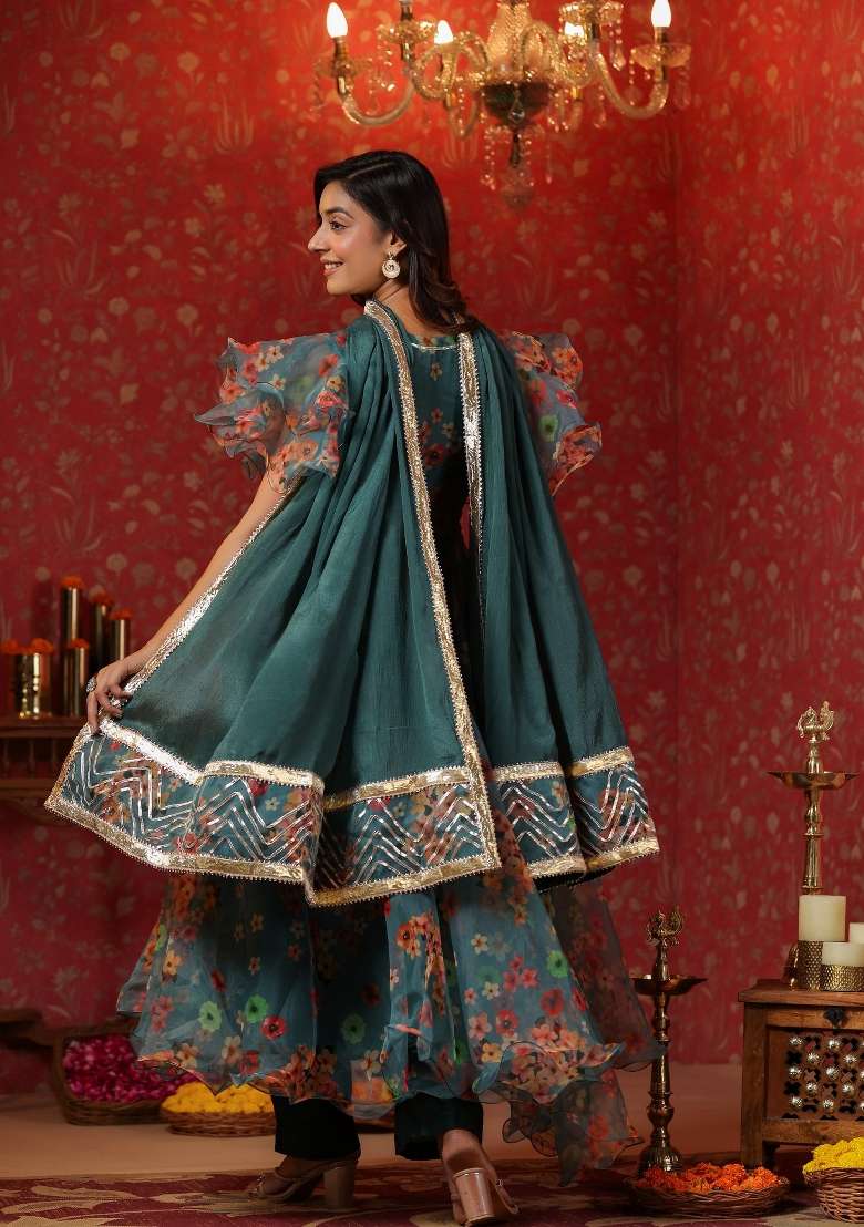 Green Floral Print Cotton Anarkali Set - Indya