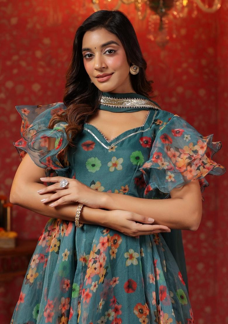 Green Embroidered Cotton Blend Salwar Kameez With Dupatta