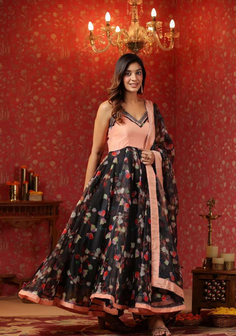 Black Floral Print Cotton Anarkali Set - Indya