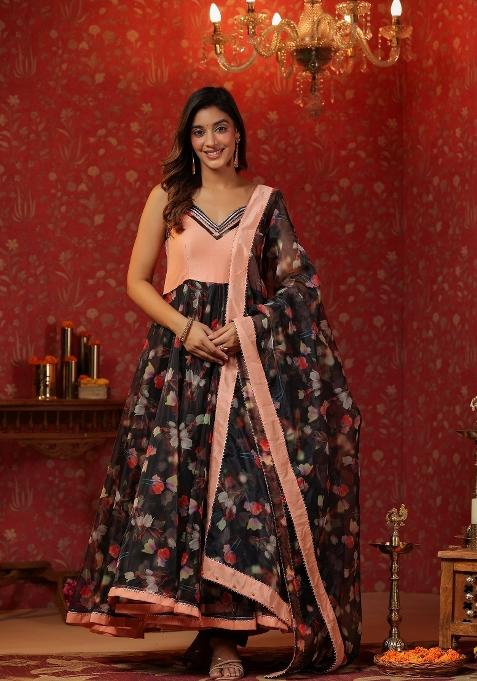 Black Embroidered Cotton Blend Salwar Kameez With Dupatta