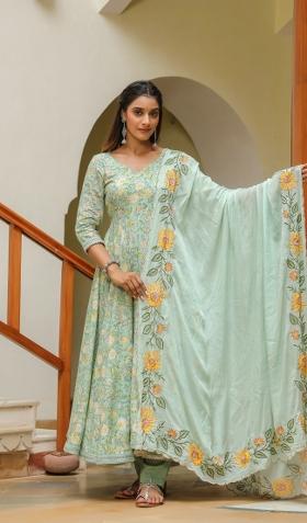 Green Embroidered Cotton Blend Salwar Kameez With Dupatta