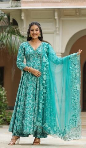 Blue Embroidered Cotton Blend Salwar Kameez With Dupatta