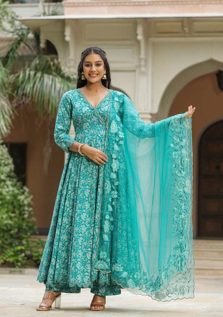 Blue Embroidered Cotton Anarkali Set - Indya