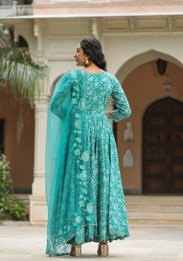 Blue Embroidered Cotton Anarkali Set - Indya