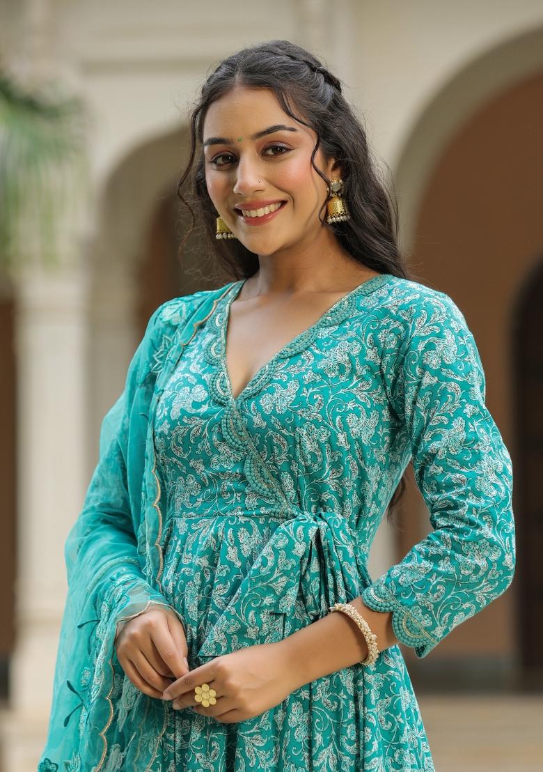 Blue Embroidered Cotton Blend Salwar Kameez With Dupatta