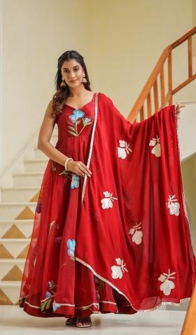 Red Embroidered Cotton Blend Salwar Kameez With Dupatta