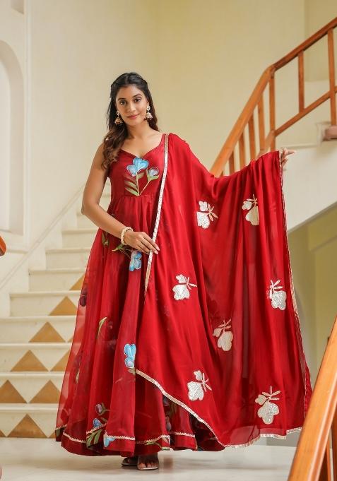 Red Embroidered Cotton Blend Salwar Kameez With Dupatta