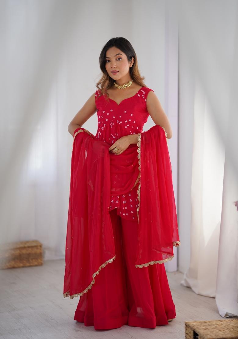 Pink Bandhani Print Chiffon Palazzo Set