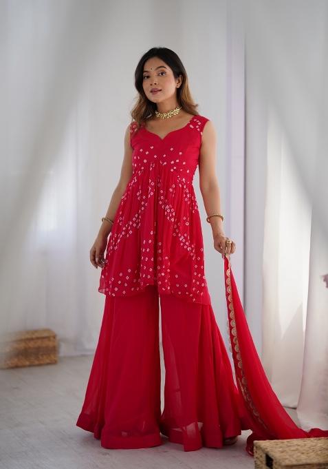 Pink Bandhani Print Chiffon Palazzo Set