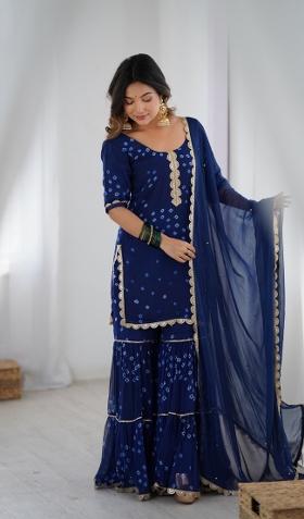 Blue Bandhani Print Chiffon Sharara Set