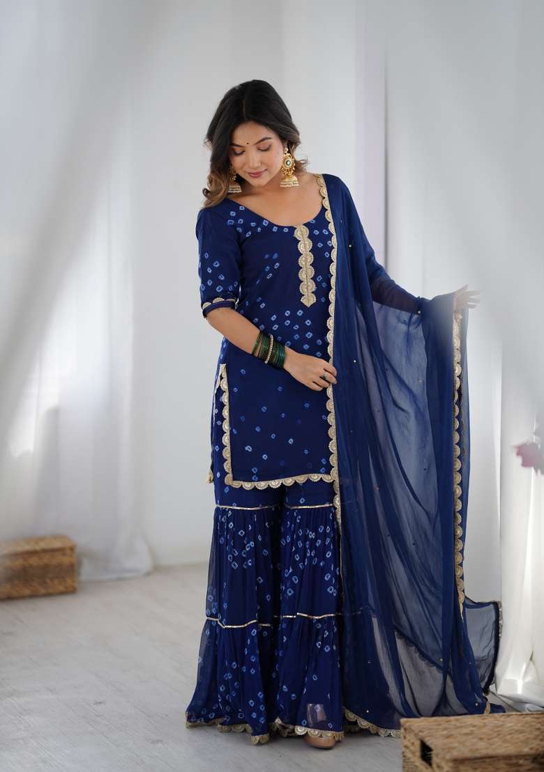 Blue Bandhani Chiffon Sharara Set - Indya