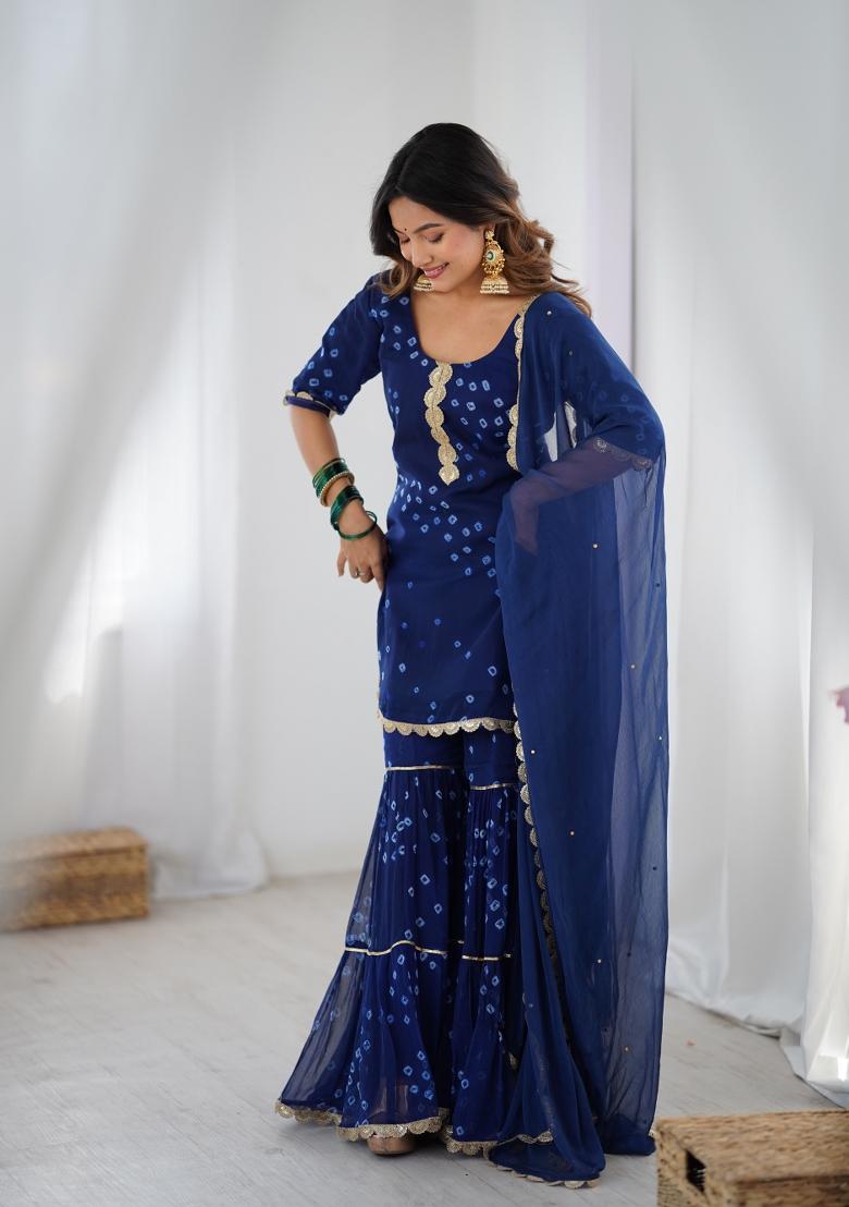 Blue Bandhani Print Chiffon Sharara Set