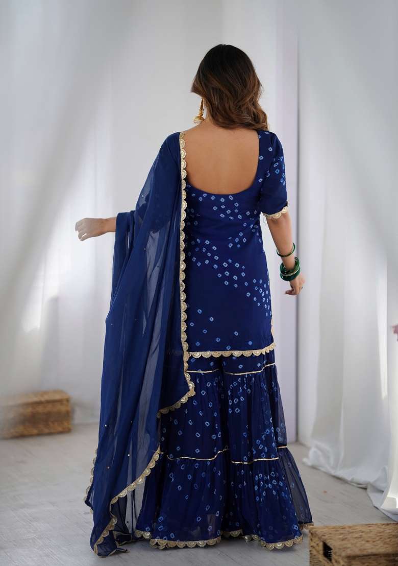 Blue Bandhani Chiffon Sharara Set - Indya