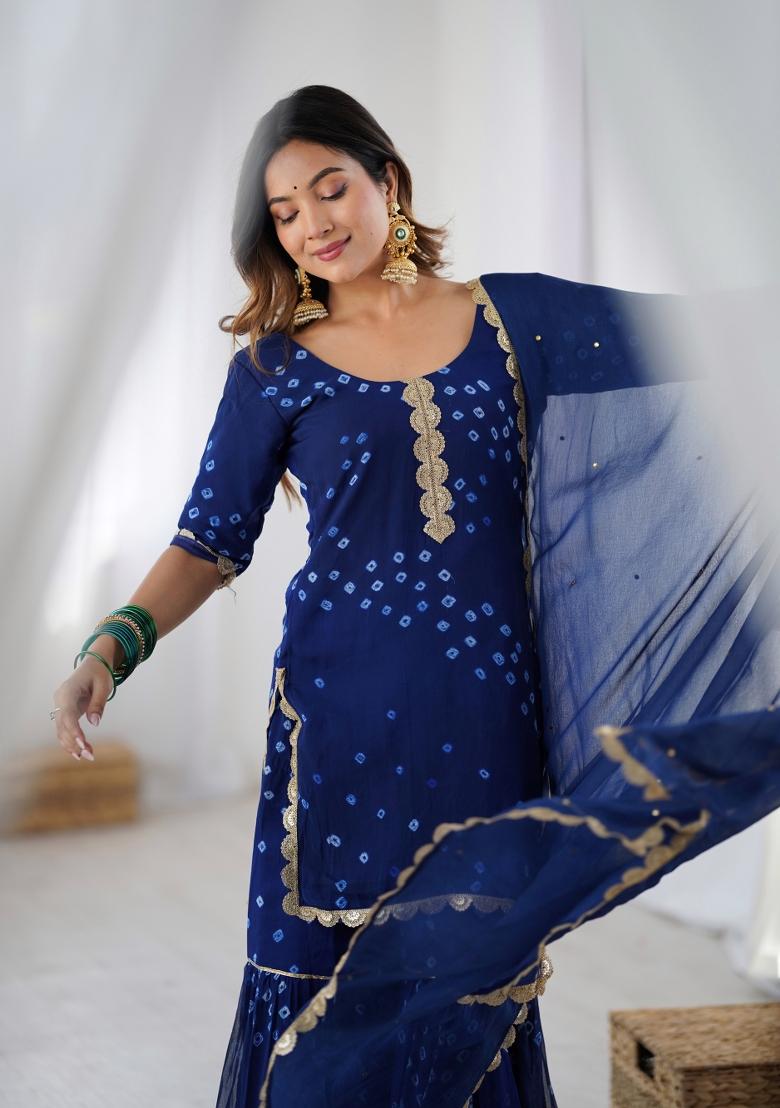 Blue Bandhani Print Chiffon Sharara Set